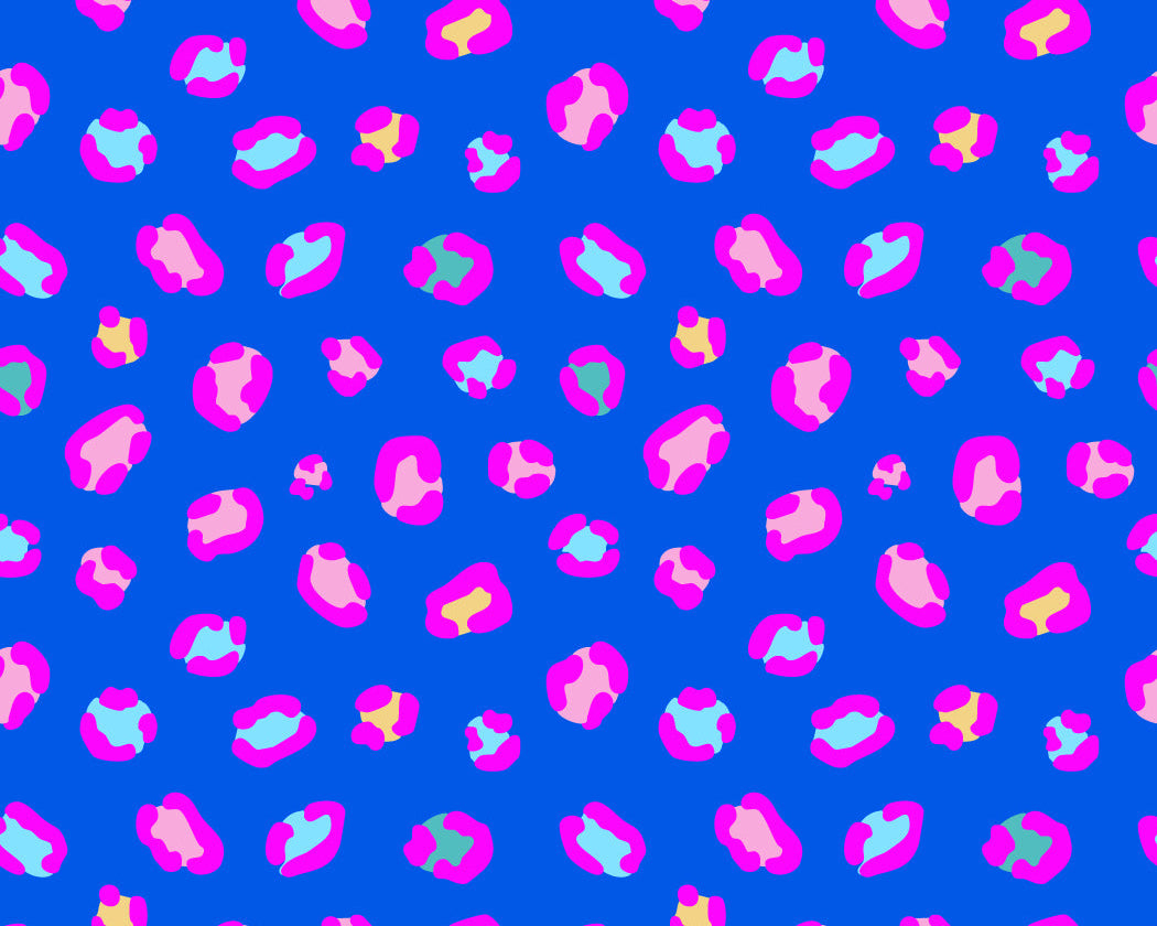 Pattern of vibrant pink, teal, and yellow shapes on an electric blue background