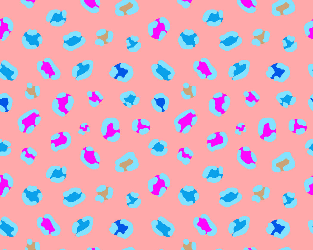 Pattern of colorful shapes on a pink background