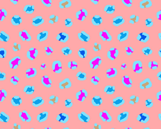 Pattern of colorful shapes on a pink background