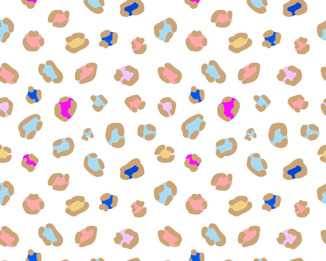 Pattern of colorful, 90s themed, animal spot prints on a white background