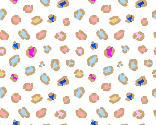 Pattern of colorful, 90s themed, animal spot prints on a white background