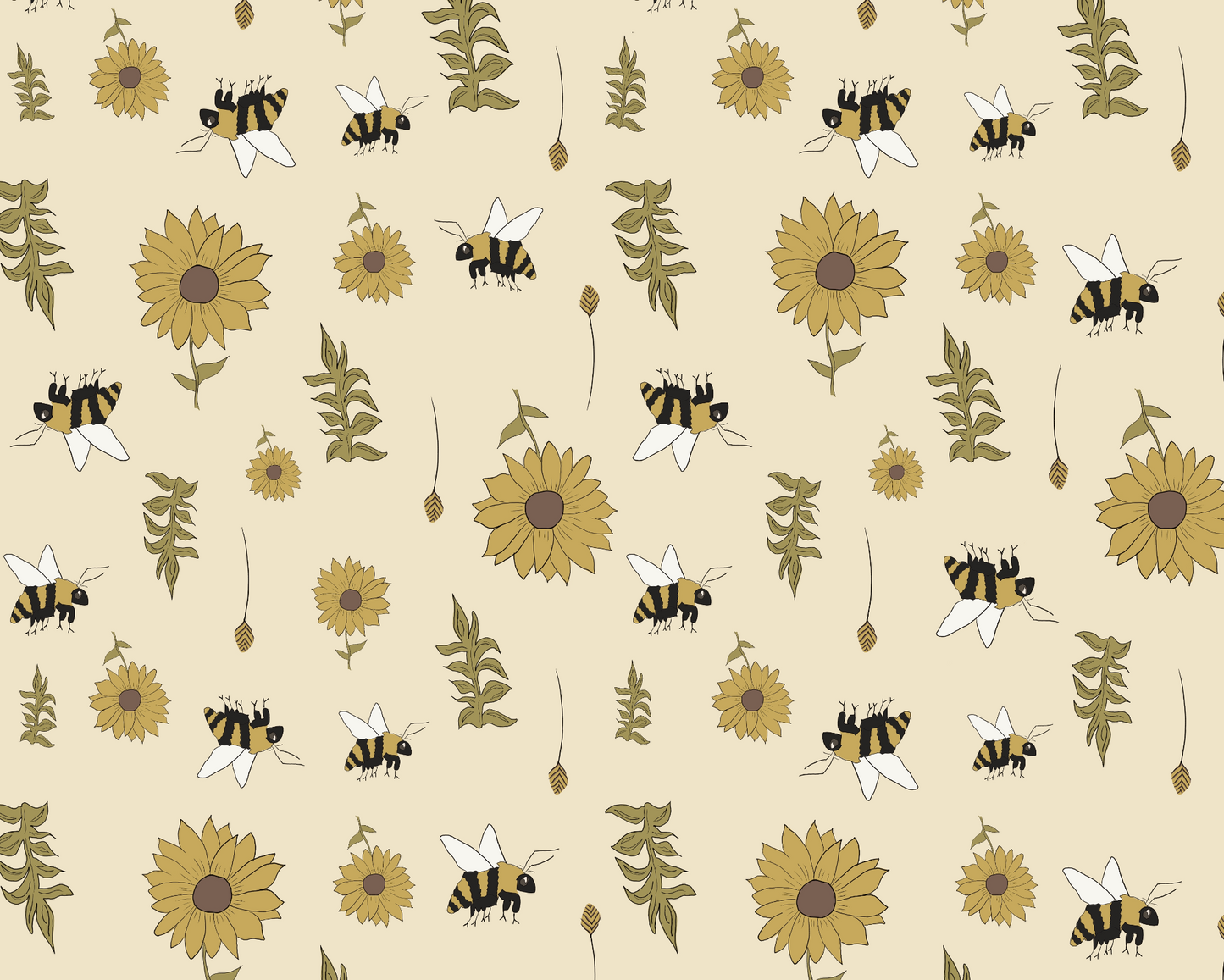 Pattern of bees and sunflowers on a beige background