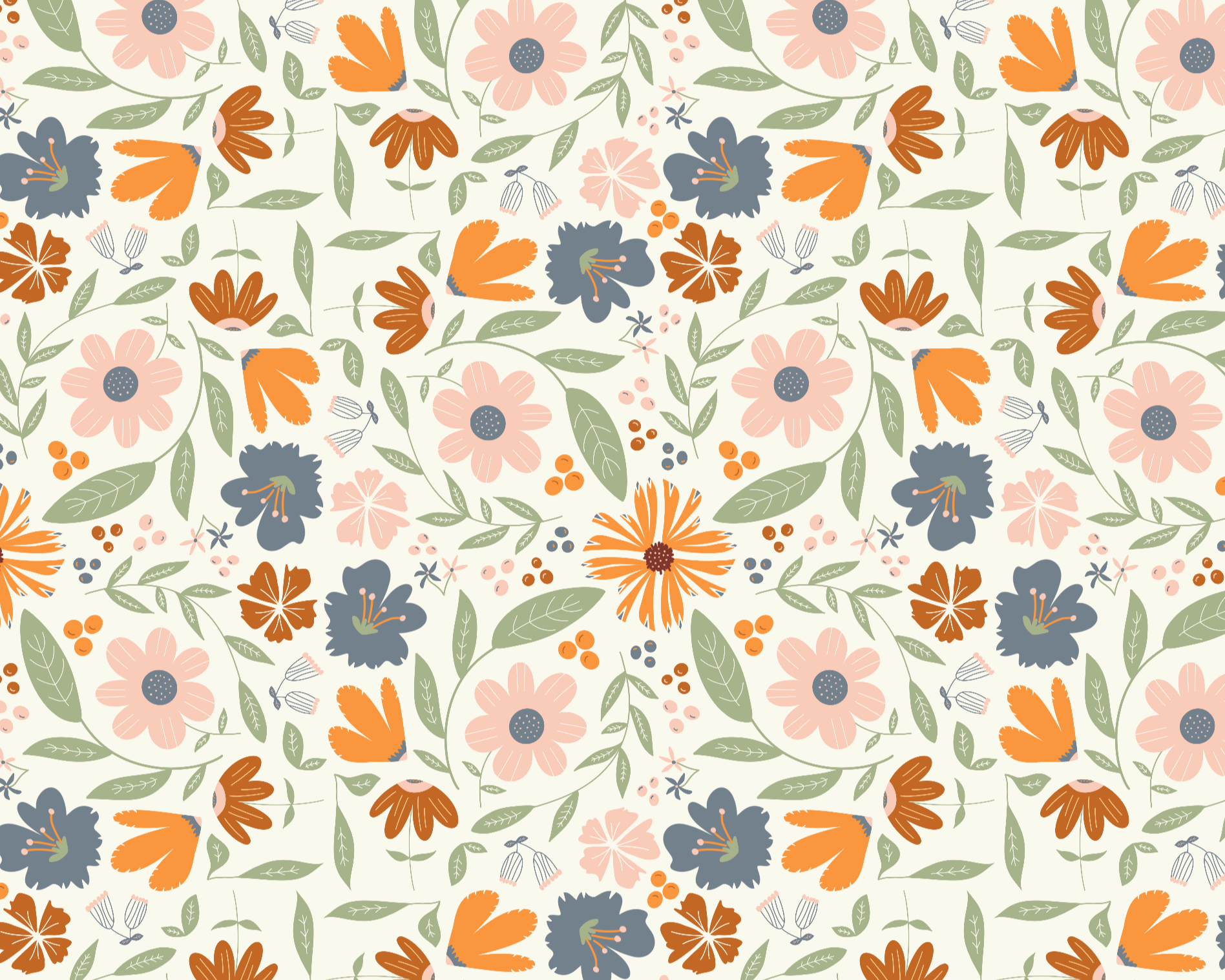 Pattern of colorful flowers and leaves on a white background