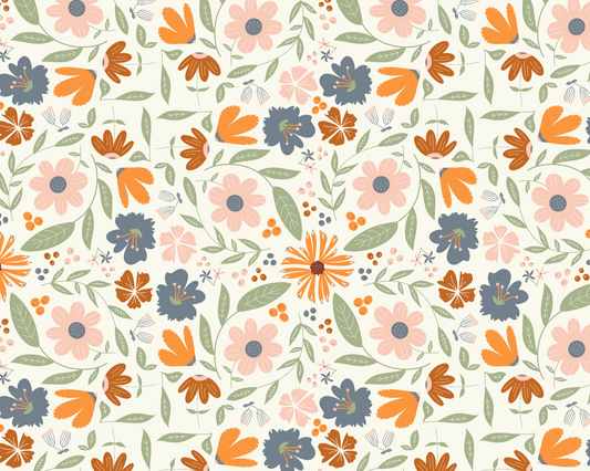 Pattern of colorful flowers and leaves on a white background