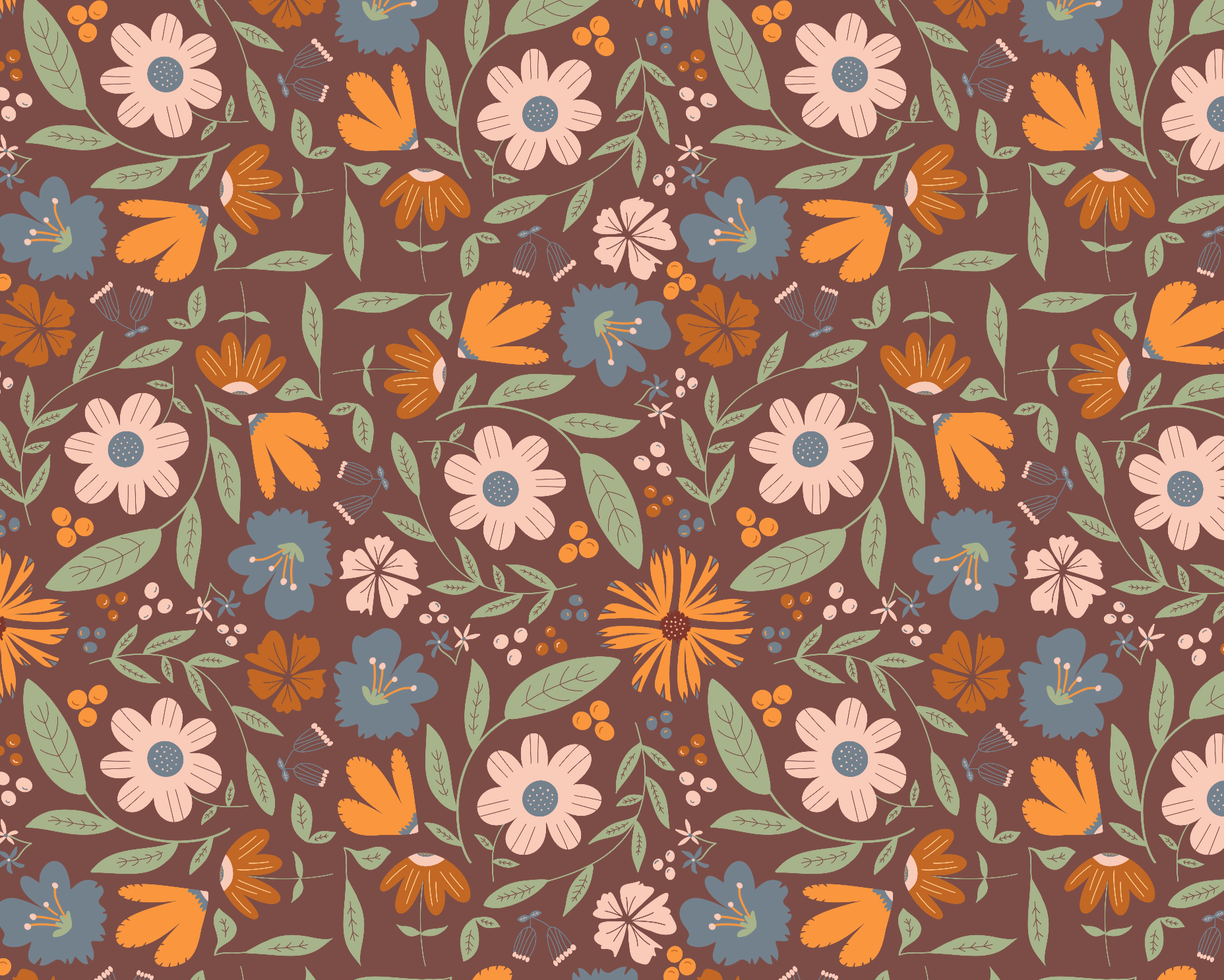 Floral pattern with colorful flowers and leaves on a brown background