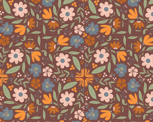 Floral pattern with colorful flowers and leaves on a brown background